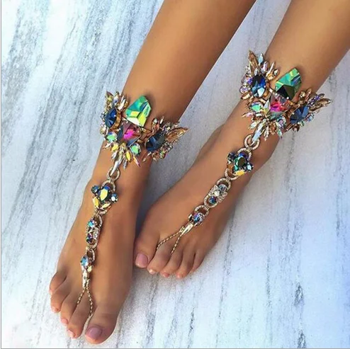 

Queena High Grade Crochet Barefoot Sandals Anklet /Beach Wedding Shoes Colorful Foot Jewelry Chain, See as pictures