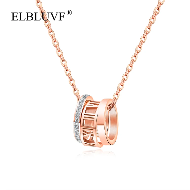 

ELBLUVF Free Shipping Stainless Steel Women Jewelry Roman Numeral Three Rings Zircon Pendant Necklace, Rose gold