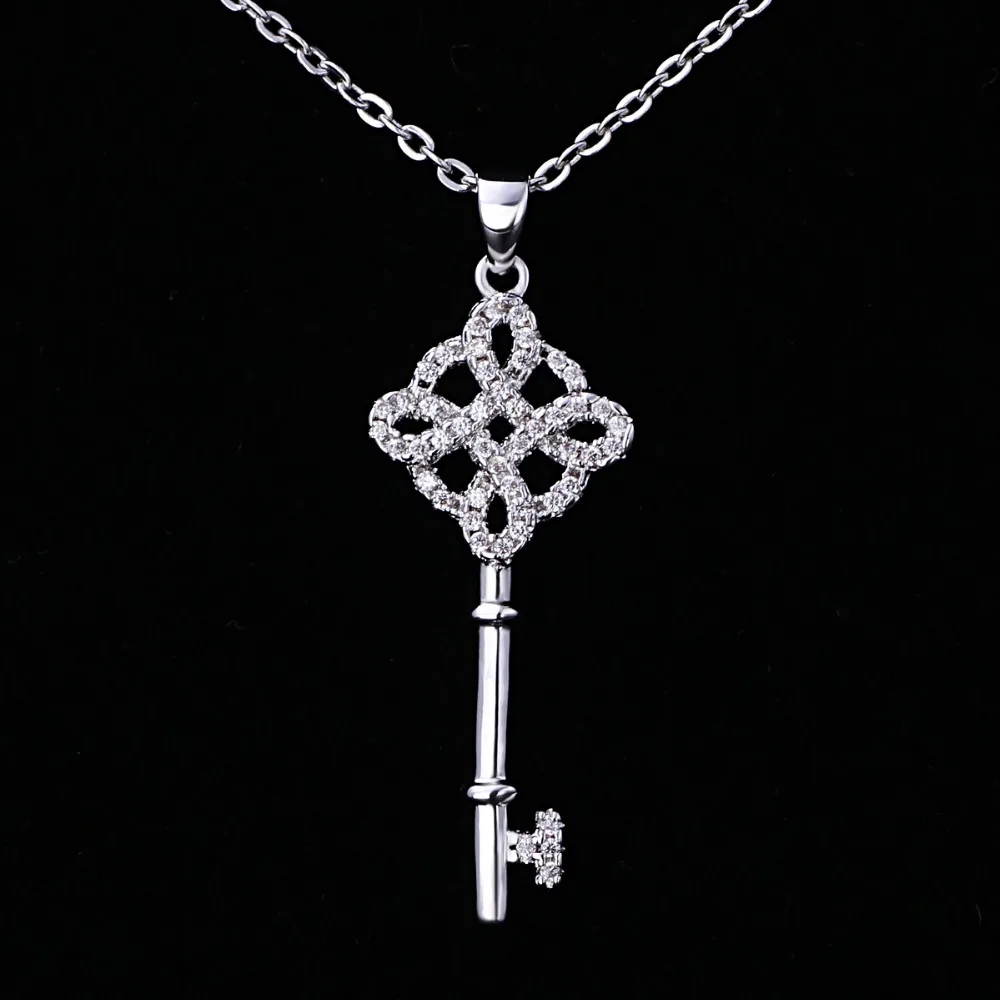 

925 Sterling Silver AAA CZ Key Pendant Necklace 18 Inch Zircon Jewelry