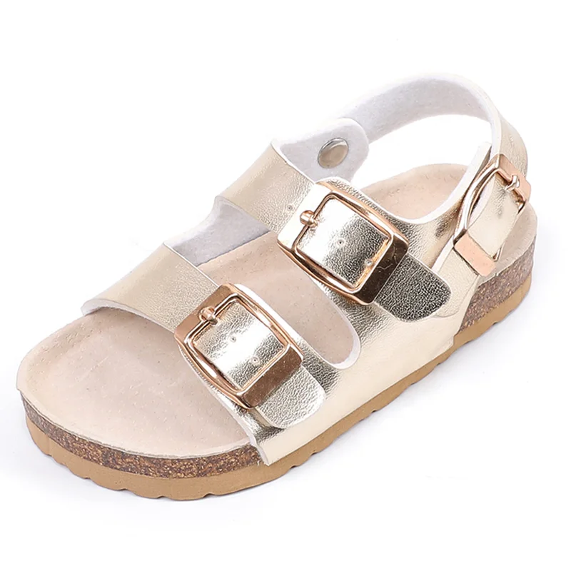 

High Quality Gold Silver Color Shiny Thick PU Children Kids Girls Buckle Straps Sandals with bio cork sole foot-bed, As pictures or as your requirements