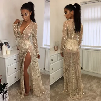 Sexy Models Evening Transparent Dress Deep V Sequined Beach Bikini