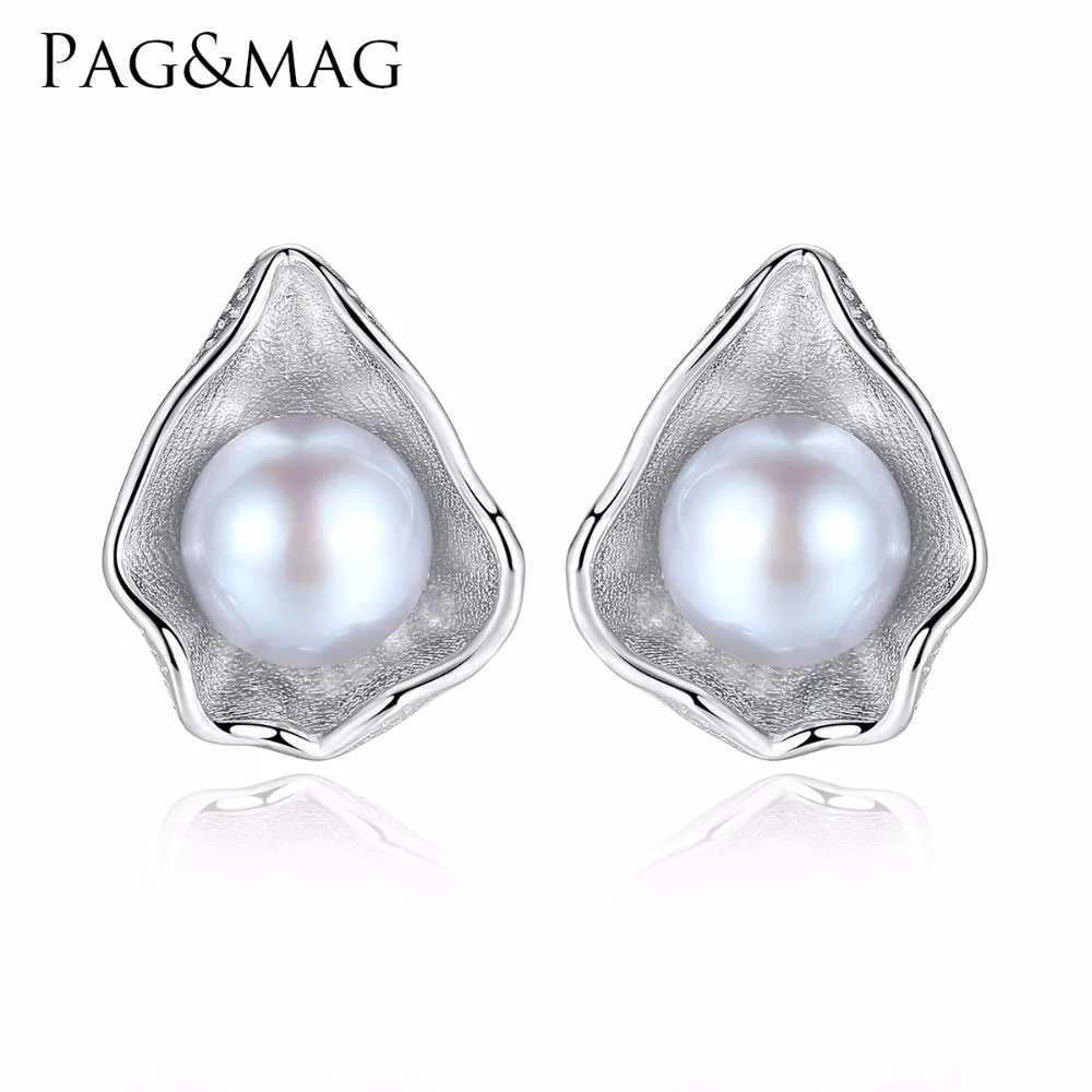 

PAG&MAG New Fashionable Unique Irregular Big Leaf Silver Wrapped Single Natural Pearl Stud Earring For Women Formal Banquet