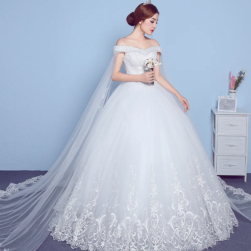 

ZH1173D Stylish Off Shoulder design Pregnant big yards lace trailing women wedding dress, White