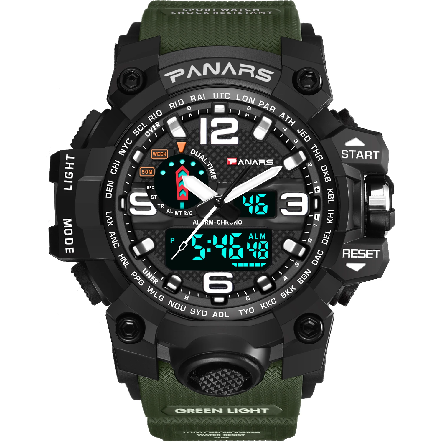 

PANARS Double Time Zone Function Sport Watch Digital Watch Led Sport, Black;green;khaki