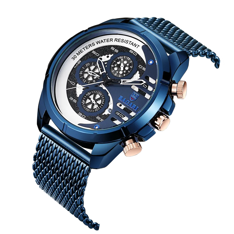 

BAGARI 1822 Men Watch Top Brand Luxury Quartz Male Mesh Clock Wristwatch Men Quartz Sport Wrist Watch Waterproof Military Watch