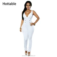 

2018 Summer Fashion Deep V-neck Sleeveless Sexy Slim Casual Two Breasted Jumpsuit