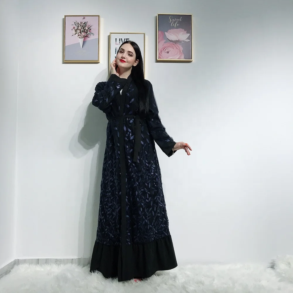 

Wholesale 2019 new arrival elegant lace leaves kaftan dress moroccan muslim women abaya, Black, navy, beige, gray
