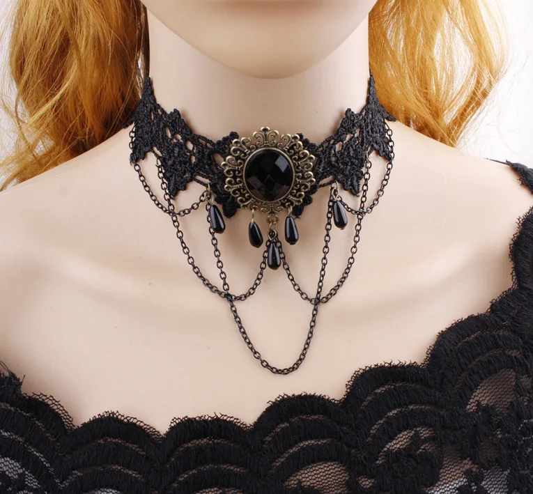 

Women Gift Gothic Jewelry Black Lace Short Choker Collar Statement Necklace