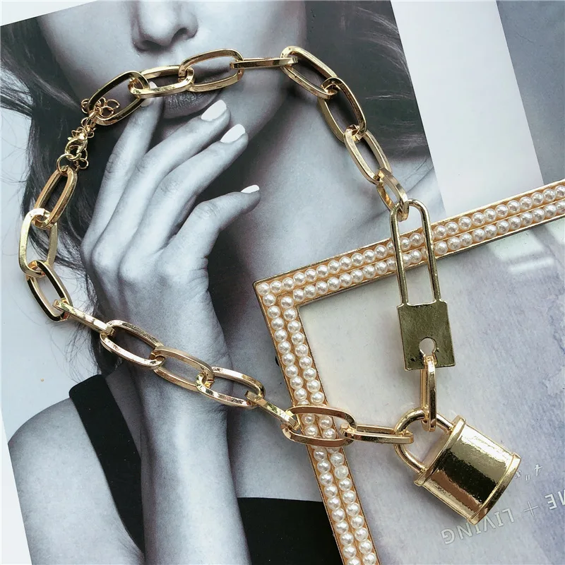 big chain heavy necklace statement women fashion jewelry girls gift vintage retro metal gold padlock lock choker necklace