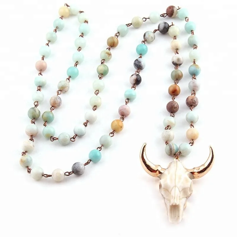 

Fashion Rosary Chain Amazonite Stones statement necklaces Bohemian Tribal Jewelry Bull OX head Horn Pendant Necklace, Matt or shiny stone