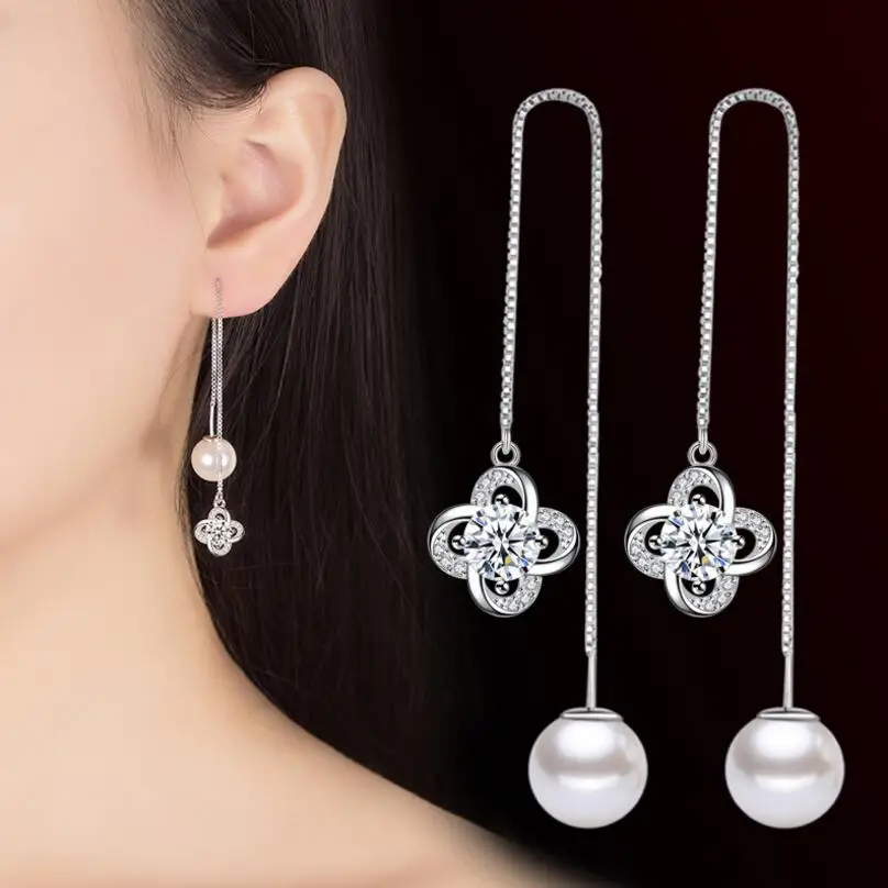 

Fashion Beautiful lucky flowers zircon pearl long earring, N/a