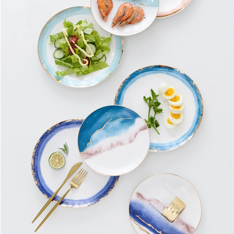 Blue color chinese ink painted cheap personalized 8 inch dinner  luxury plate