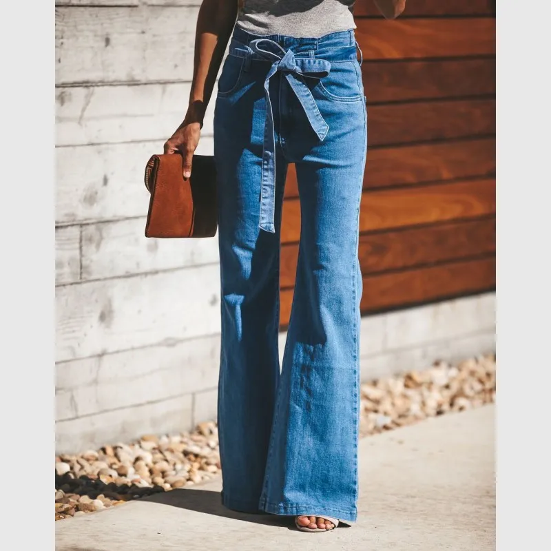 

Flare Jeans Woman Denim Trousers Vintage Women Clothes Tie High Waist Pants Belted Stretchy Jeans Femme Y11203