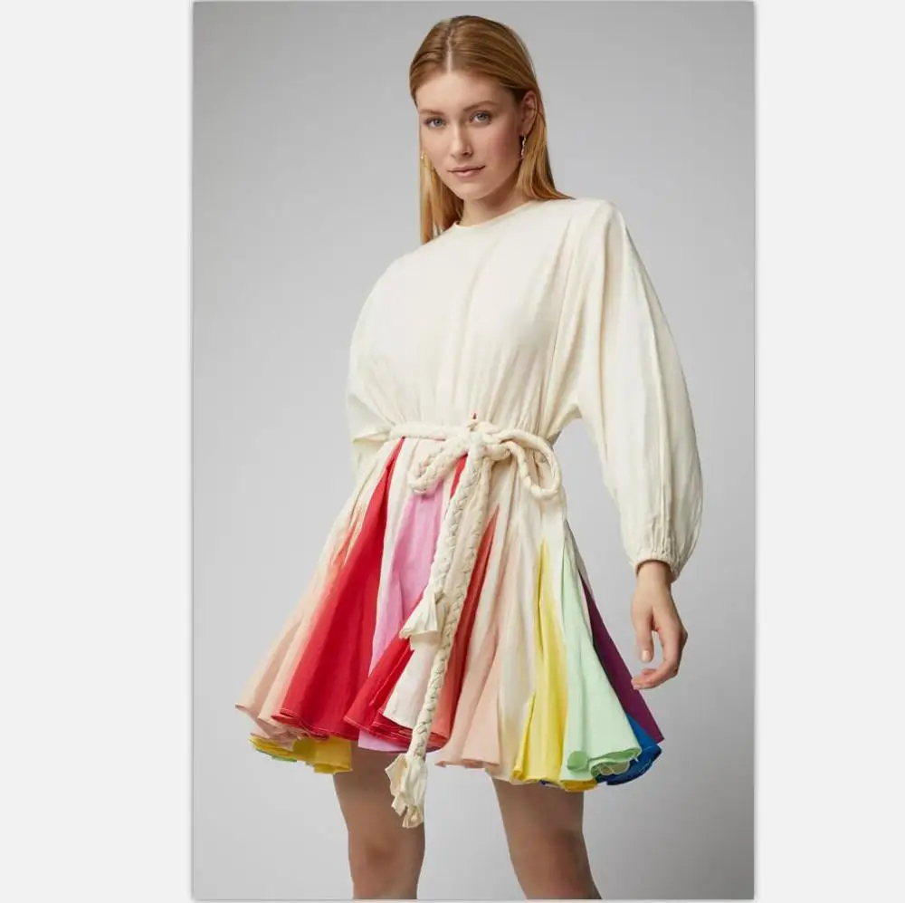 

2019 spring summer European fashion trend rainbow contrast pleated dress lantern sleeves with Braided belt causal dress