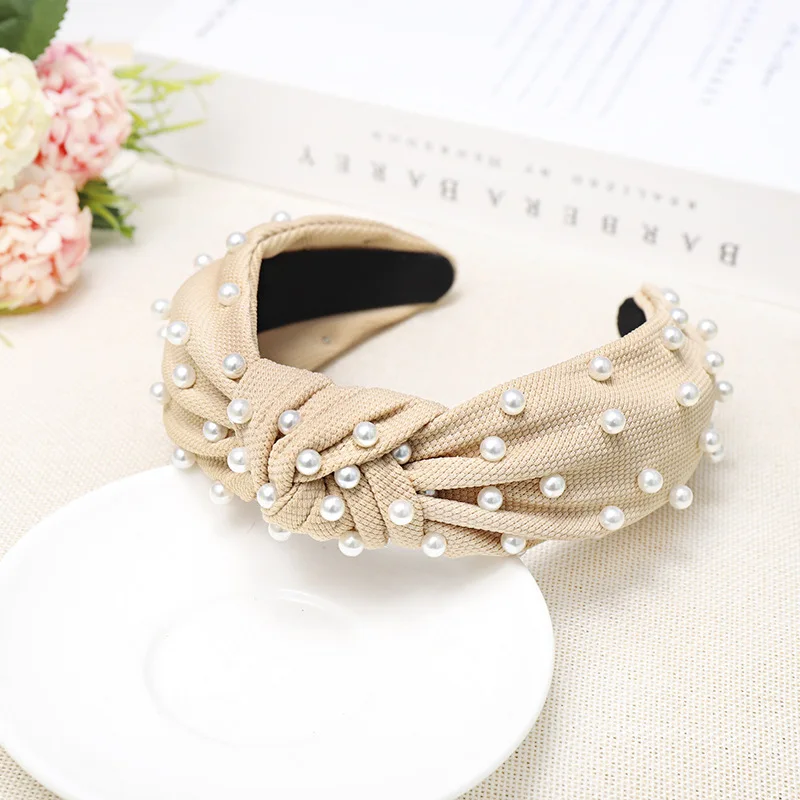 
LRTOU Wholesale Hair Accessories Girls Plain Fabric Knot Plastic Headband Custom Pearl Hair Bands For Women 