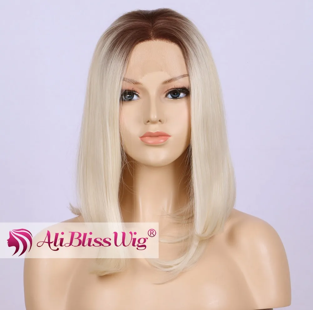 14 Straight Heat OK Fiber Synthetic Middle Part Dark Roots Two Tone Ombre Platinum Blonde Bob Lace Front Wig for White Women