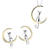 

Lead and nickel safe fashion 925 sterling silver cat and moon pendant necklace jewelry sets for women