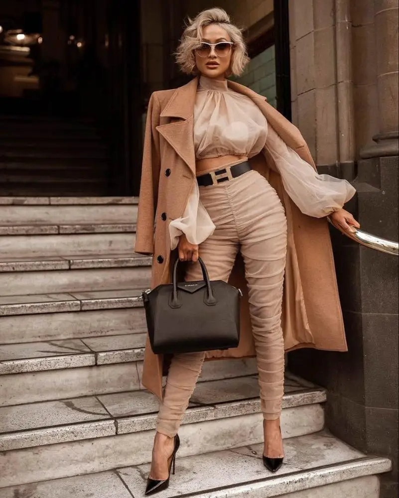 

2018 New Arrival Luxury Long Puff Sleeve Coat With Pants Nude Pleated Party Sets Women Clothing Two Piece Set, Picture