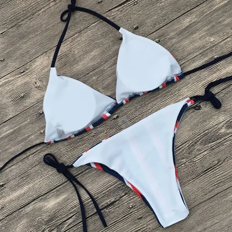Backless Bikinis Woman Swimwear 2017 Printed Striped Blue Sexy Bikini ...