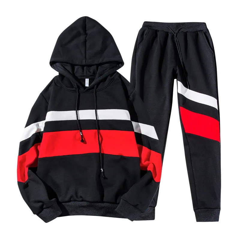 

Spring and winter Men's Pullover Fleece Stripe Hoodie Tracksuit, White;black