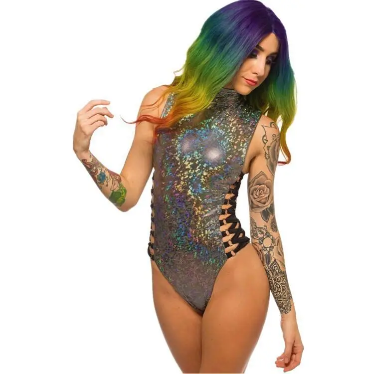 Greenee Women Rave Crop Top & Booty Shorts Bottoms Metallic Silver Hologram Outfit