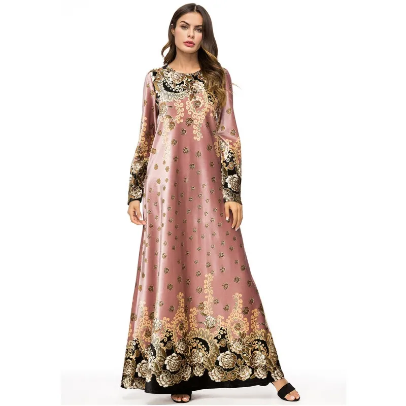 YSMARKET Plus Size Long Dress Spring Elegant Women Chic Vintage Print Muslim Dresses Royal Pink Ramadan Clothes Ethnic Style