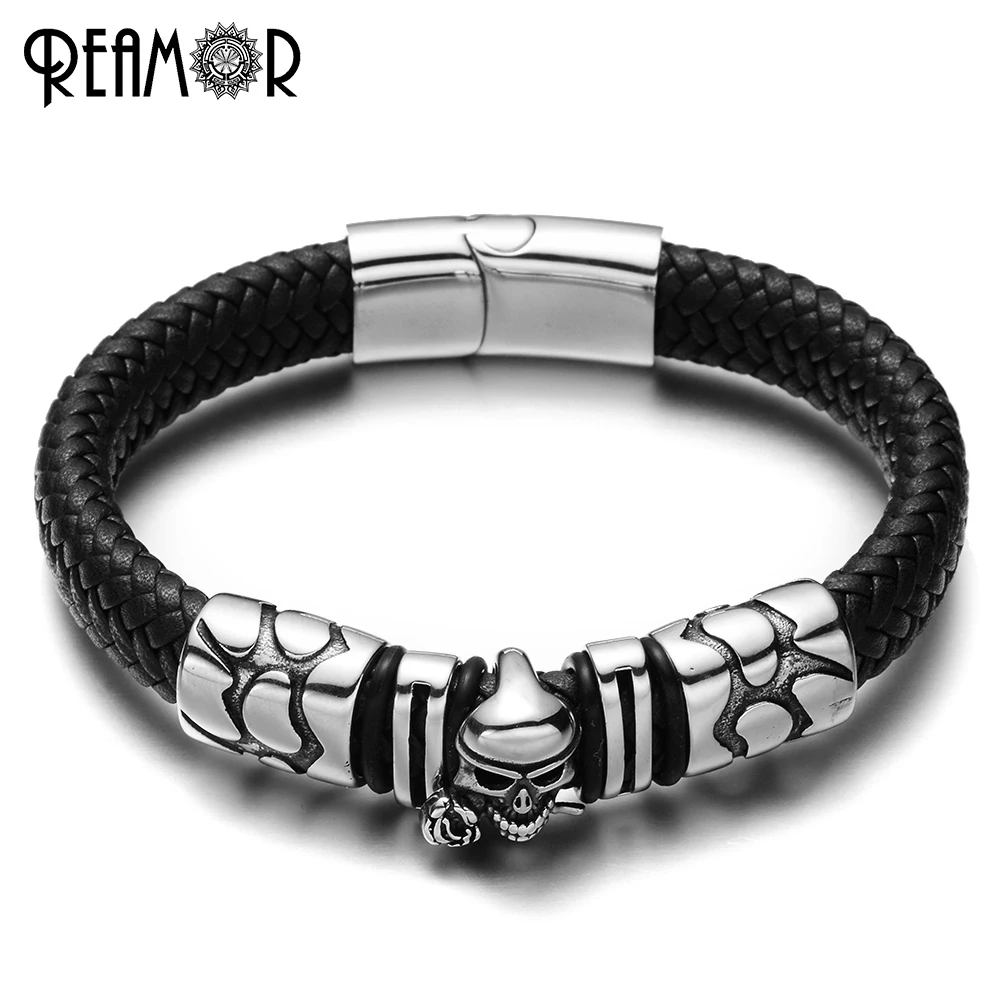 

REAMOR 316L Stainless Steel Skeleton Rose Charms Male Bracelet Skull Head Style Bangles Black Wide Braided Leather Rope Bracelet