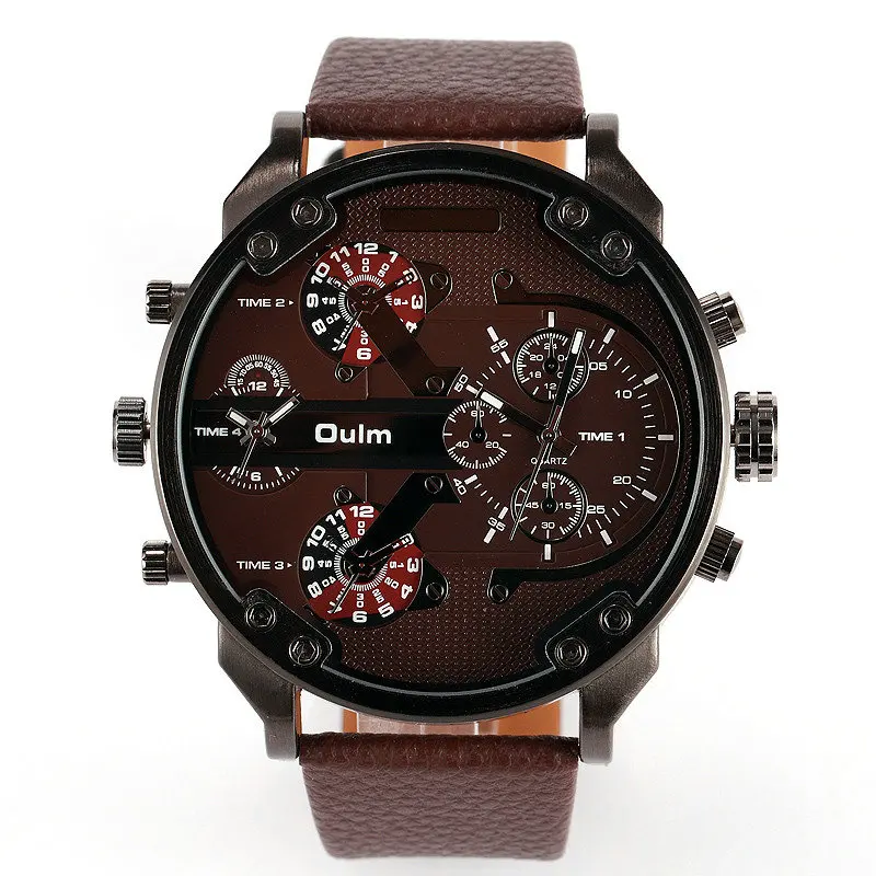 

Oulm 3548 Leather Strap Men Quartz Watch Dual Movement Three Time Zone Cheap Price Analog Men Wristwatch