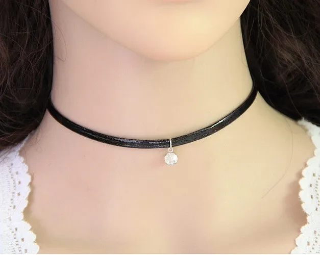 leather wrap chocker necklace crystal rhinestone collar choker
