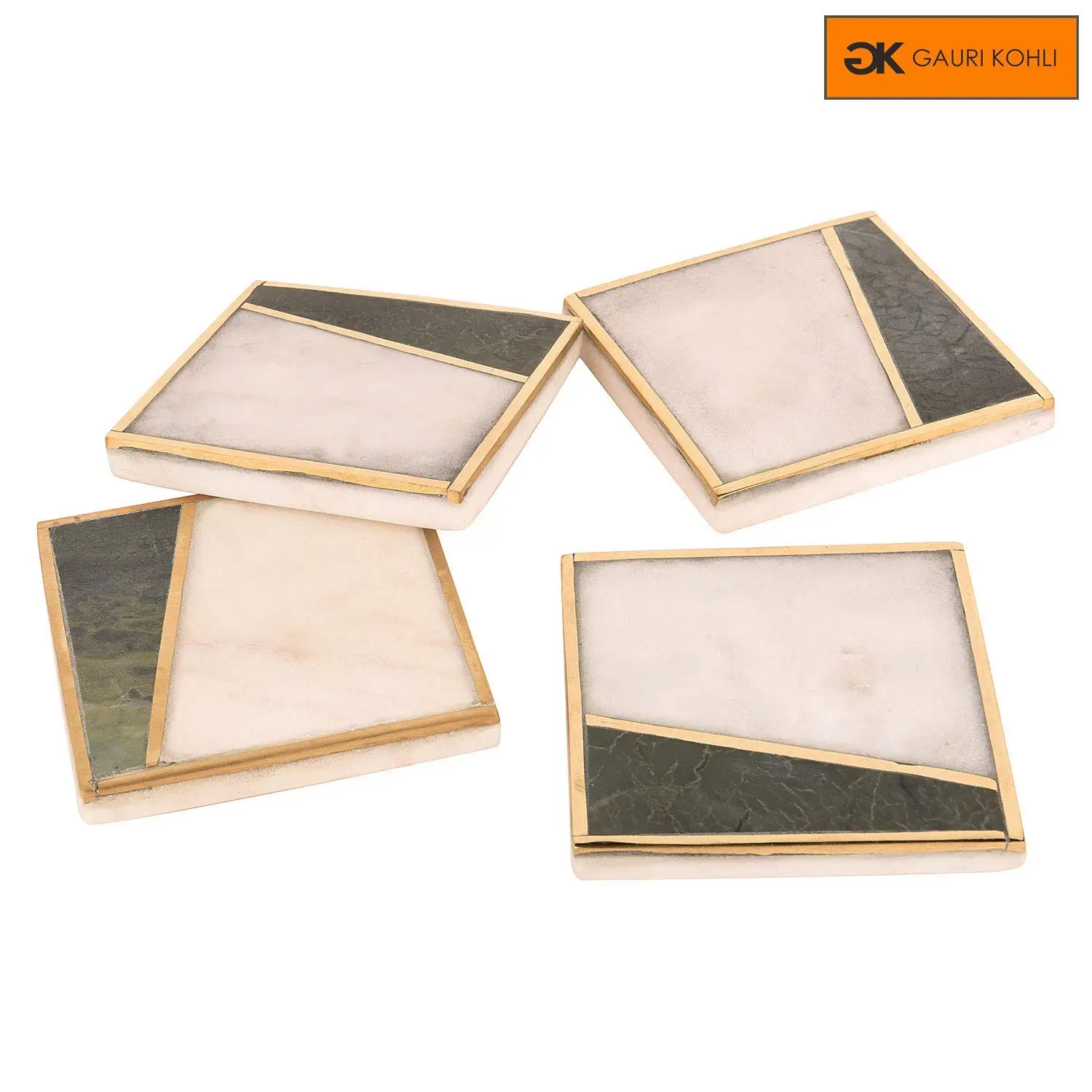 Large Size | Set of 4 GAURI KOHLI Elegant Marble /& Gray Granite Coasters With Cork Backing; Embellished With Gold Inlay