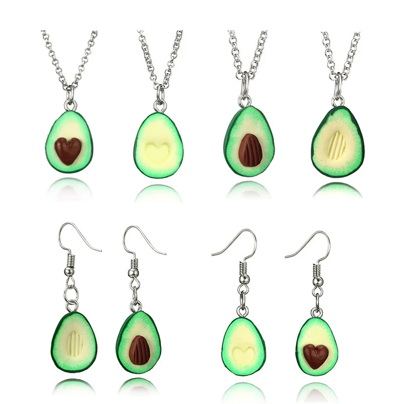 

Fashion Green Fruit Avocado Heart Shape Earring Pendant Necklace Jewelry Set for Women Girl Party Jewelry Gift, As picture