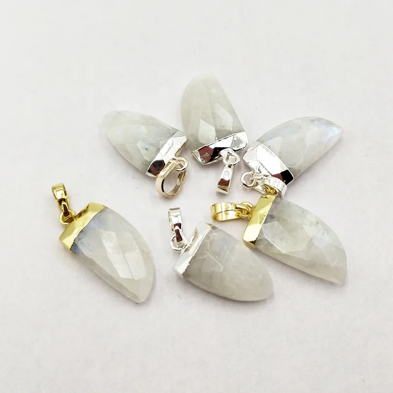

Natural Rainbow Moonstone Pendant Gemstone Gold Electroplated Horn Pendant Bullet Head Point Shape Charms Jewelry, Multi colors