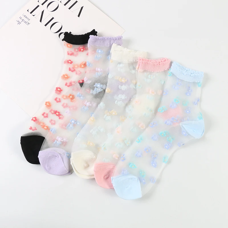 

Summer Sheer small flower glass transparent floral glass crystal lace socks, White, black, pink, purple,blue