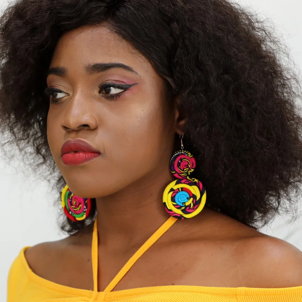 时尚手工非洲打印耳环 5 对 100% 棉蜡印圆形耳环批发价