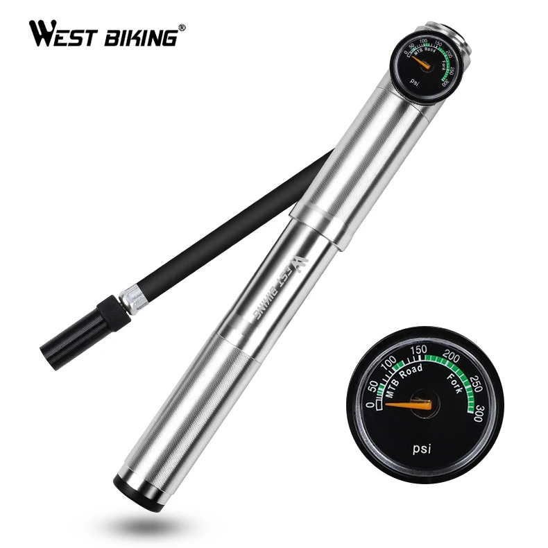 

WEST BIKING Bicycle Mini Aluminum Alloy Hand Pump With Gauge Tire Inflator Bike Performance Tyre Tube Cable Pump Bicycle Cycling, Silver