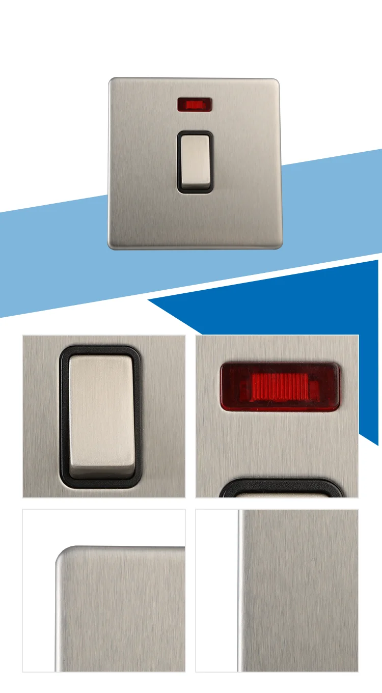 Hailar wall switch screwless 20A 1 gang double pole brushed chrome switch with red neon light indicator