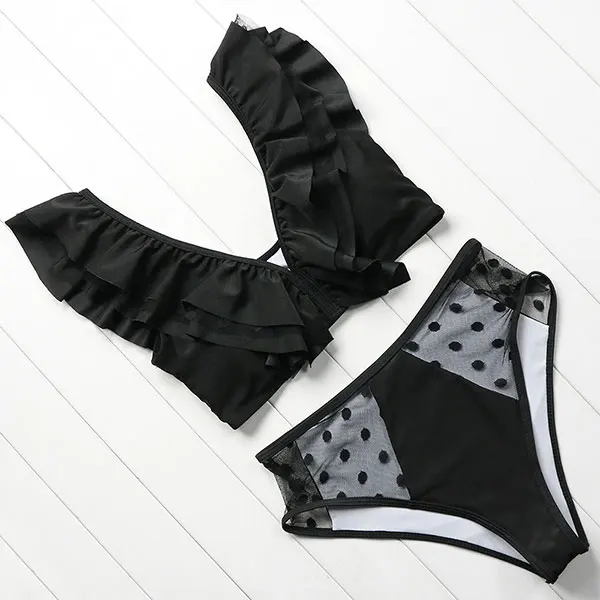 

Newest Hot Selling Sexy Lace See Through Bikini Swimwear Padded Ruffle Beach Bathing Suit 2019, Black;white