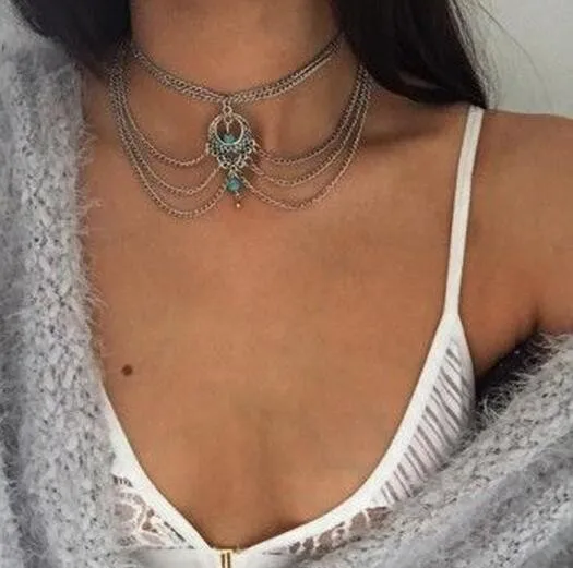 

Fashion Vintage Silver Plated Hollow Collar Necklace Charm Turquoise Teardrop Necklace Jewellery