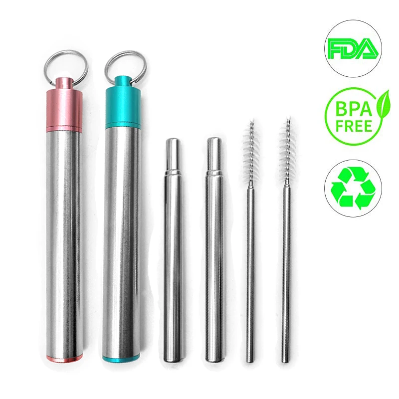 

Portable Foldable Reusable Drinking Straws Telescopic Stainless Steel Metal Straw with Case Cleaning Brush, Pink;light blue;blue;silver