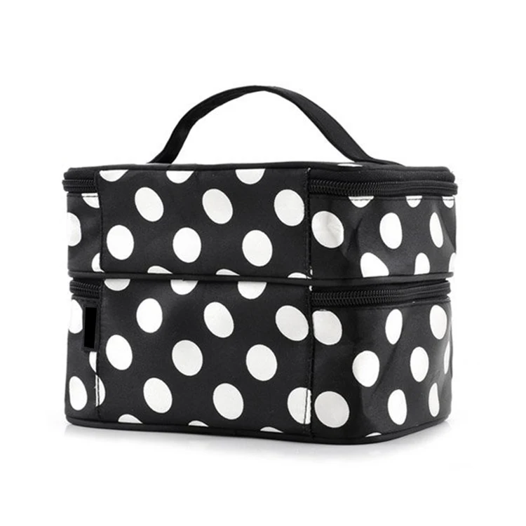 Ct0092cj Double Layer Cosmetic Bag Black With White Dot Travel Toiletry ...