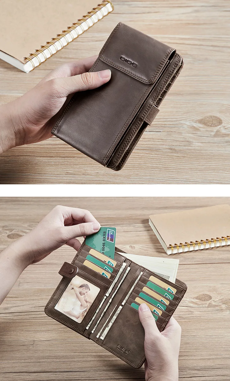 DIDE Genuine Leather Wallet Men Money Clip Card Holder Wallet With High Quality Phone Holder