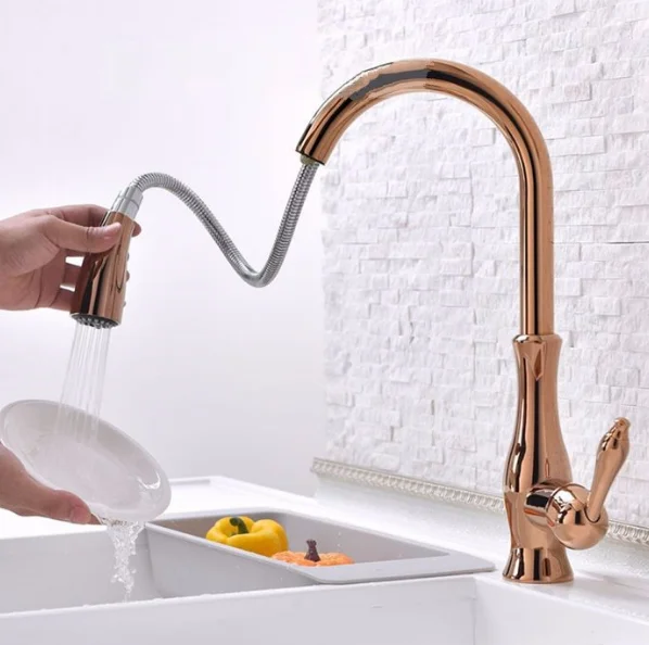 Wholesale Rose Gold Single Lever Movable Pull Down Kitchen Sink Faucets