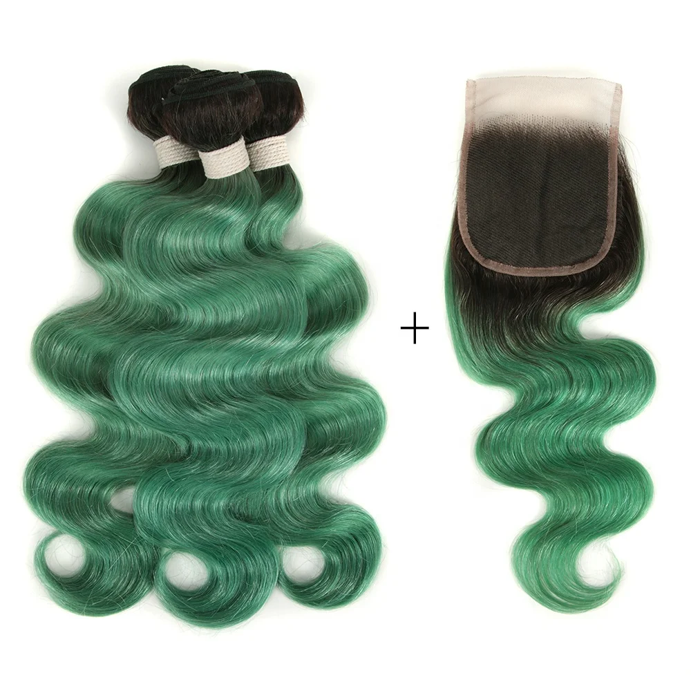 

Rebecca fashion natural black and green mix ombre color 18 to 22inch 3pcs raw human hair bundles with 14inch 4*4 lace closure, Tt1b/tuqiv#