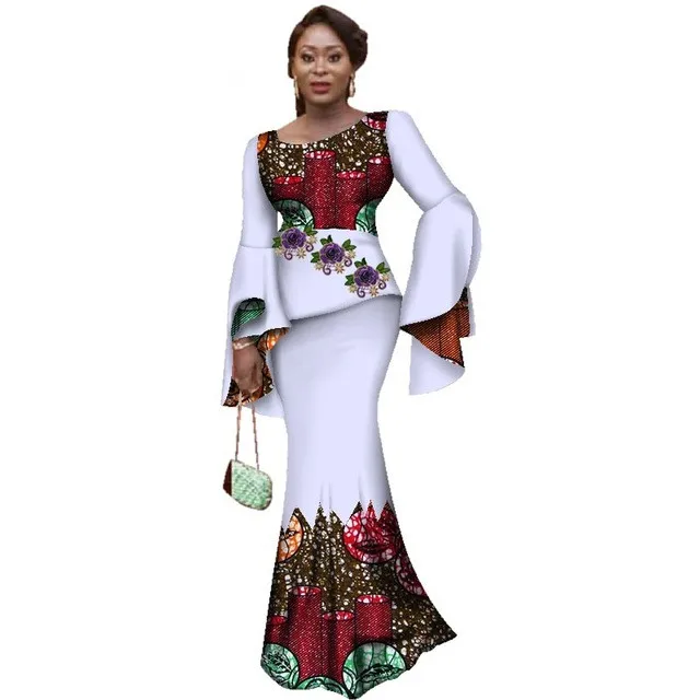 

wholesale applique jump suit women bazin riche african print ruffles sleeve top and skirts for women clothing wy3075, Shown