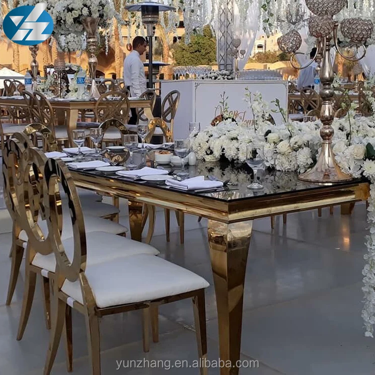 
Gold Stainless Steel Frame Mirror Glass Top Banquet Table 
