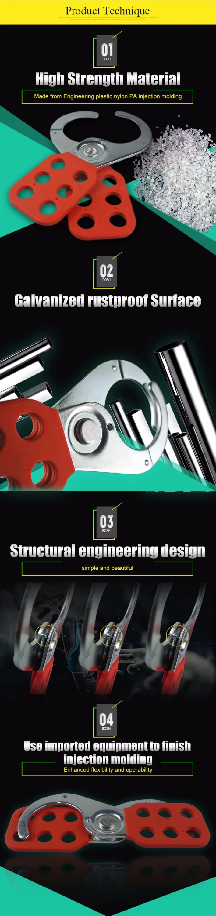 BOSHI OEM steel 6 padlock holes clamp on safety hasp lockout with handle