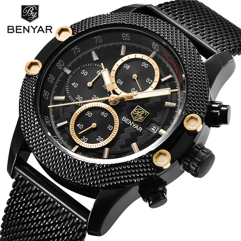 

BENYAR Luxury Stainless Steel Military Chronograph Quartz Sport Waterproof Watch Men, N/a