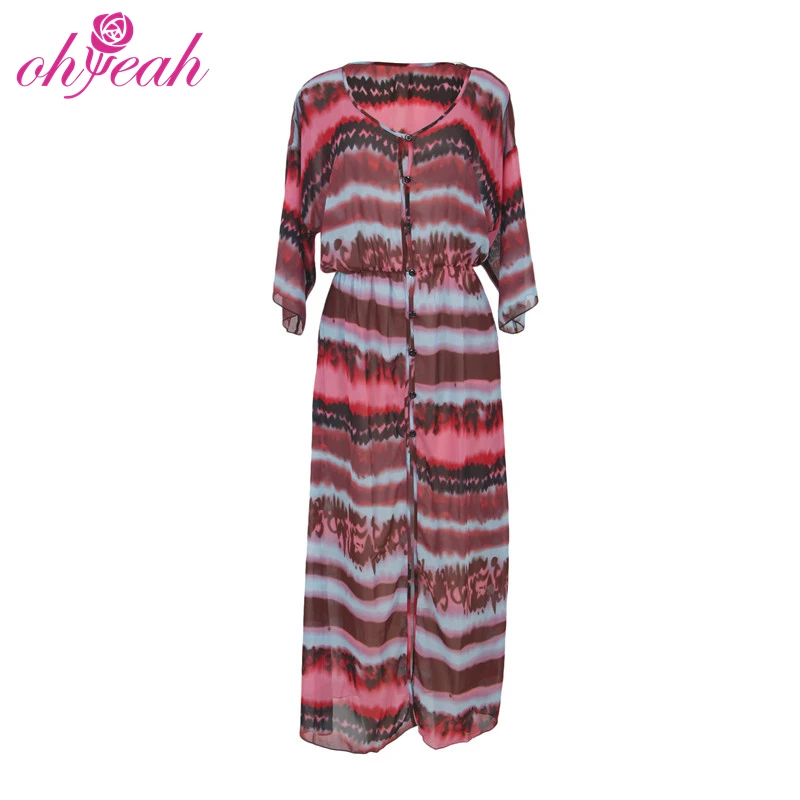 

Hot sale Fashion Slit Front Open Tie-dye Print Chiffon Beach Dress women long maxi dress, As shown