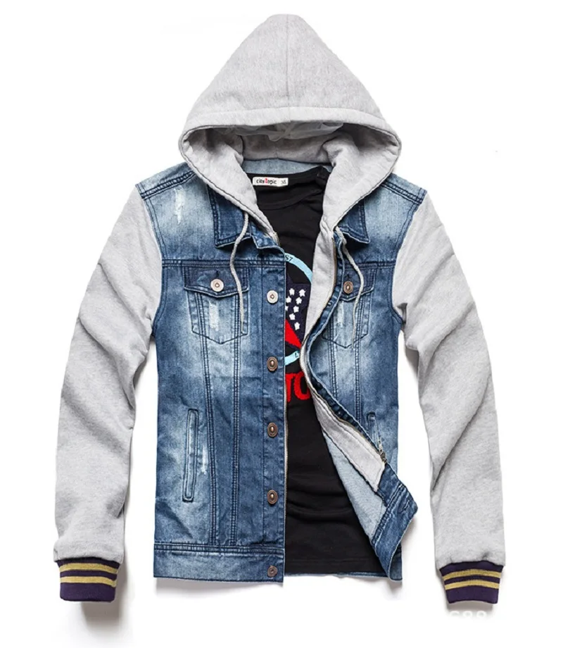 Compra jean chaqueta de mangas de cuero de los hombres