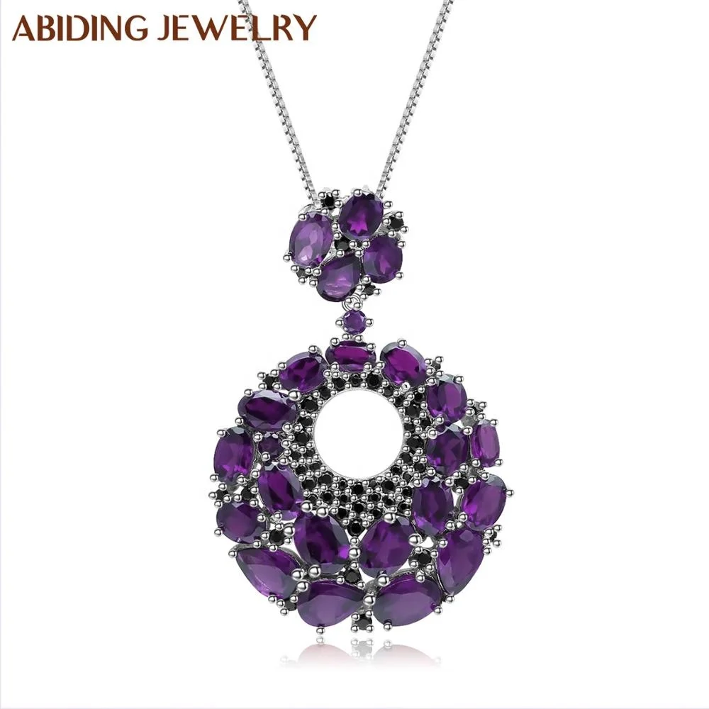 

Abiding New Design Natural Amethyst Purple Fashion Pendants Sterling Gothic Silver 925 Round Necklace Women Party Jewelry 2021